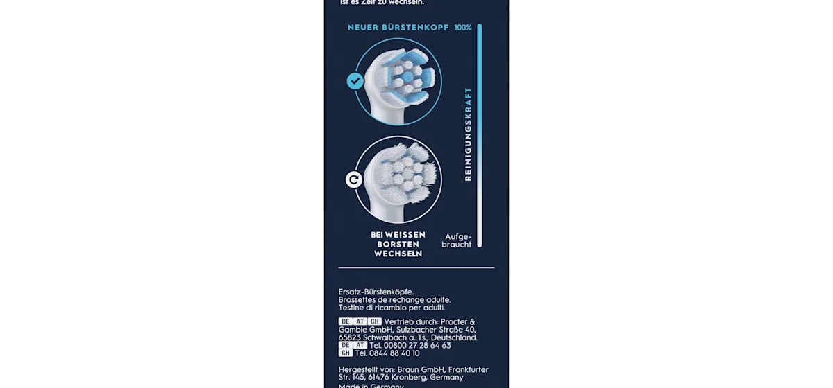 Oral-B iO Aufsteckbürsten-Verpackung, hervorgehoben wird die "Sanfte Reinigung" und dass zwei Bürsten enthalten sind.