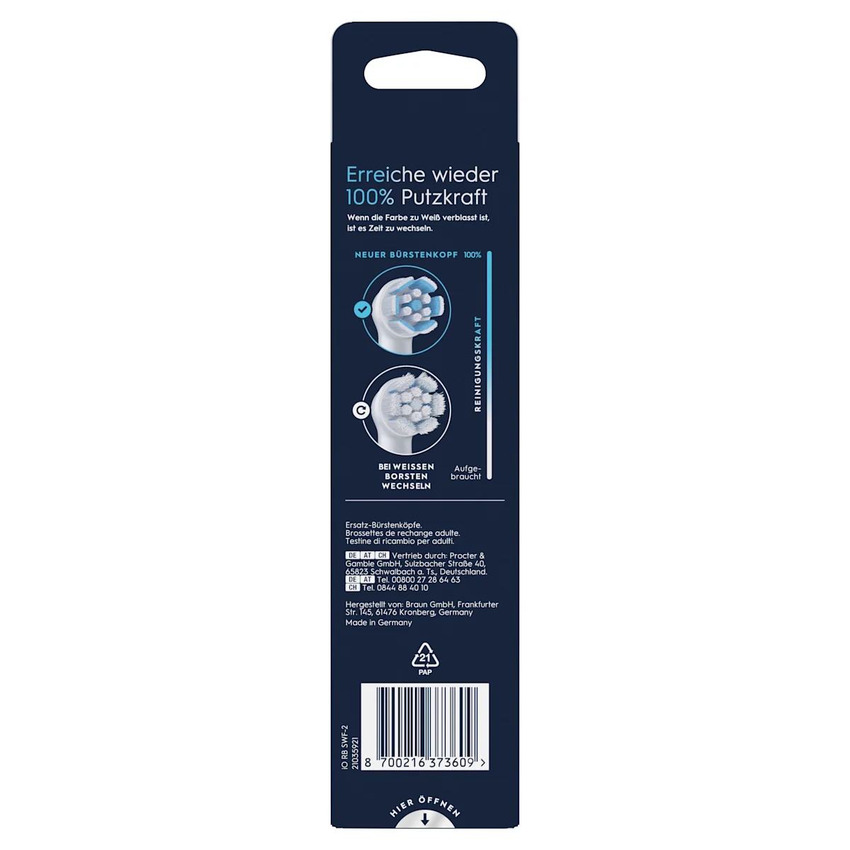 Oral-B iO Aufsteckbürsten-Verpackung, hervorgehoben wird die "Sanfte Reinigung" und dass zwei Bürsten enthalten sind.