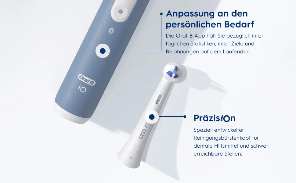 Handstück der Oral-B iO Teens Zahnbürste mit Angaben über die Verfolgung der täglichen Statistik. 