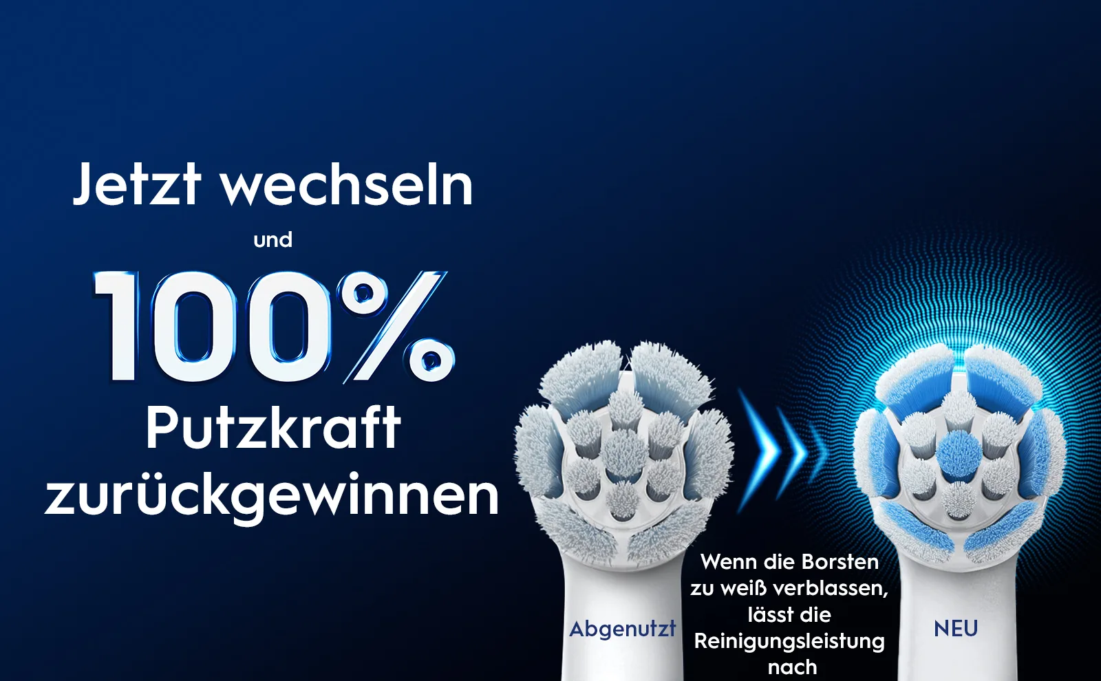 Abgenutzter und neuer Bürstenkopf im Vergleich zeigt, wann der Bürstenkopf gewechselt werden sollte. 