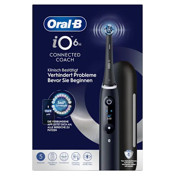 Oral-B iO6 elektrische Zahnbürste mit Verpackung, die geführte Reinigung mit der App hervorhebt, damit keine Stelle ausgelassen wird. Mit Made in Germany Anhänger.
