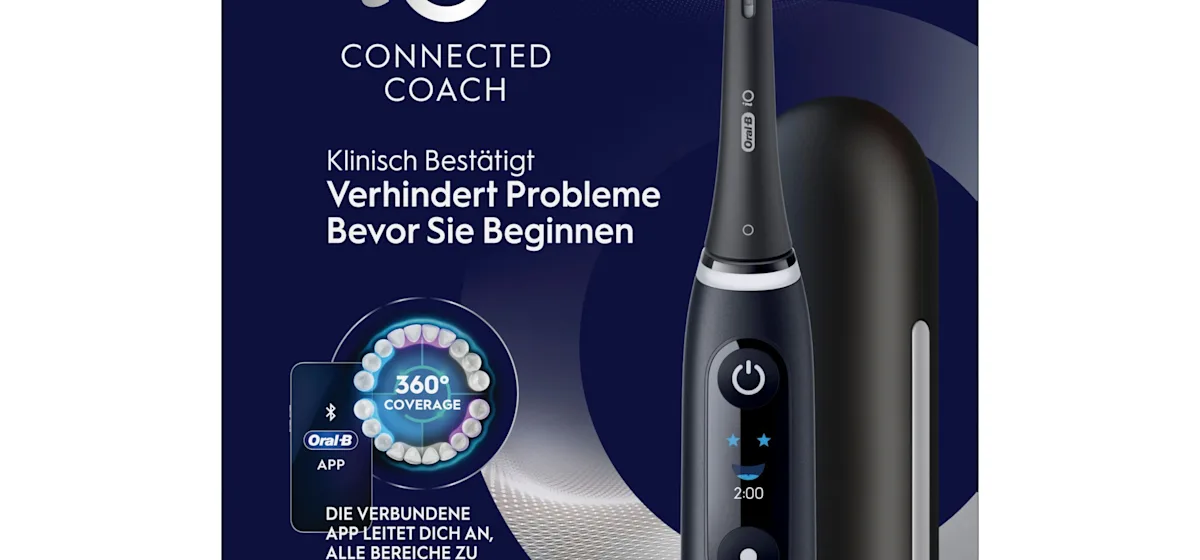 Oral-B iO6 elektrische Zahnbürste mit Verpackung, die geführte Reinigung mit der App hervorhebt, damit keine Stelle ausgelassen wird. Mit Made in Germany Anhänger.