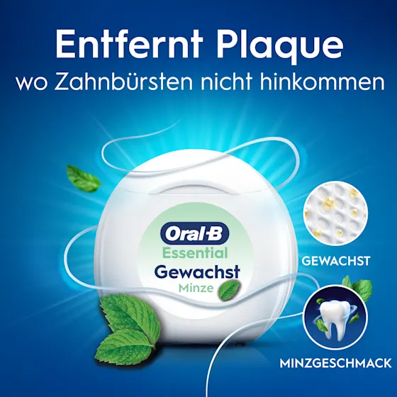 Oral-B Essential Zahnseide Verpackung, die den Hinweis "Entfernt Plaque an Stellen, die eine Zahnbürste nicht erreicht" hervorhebt.