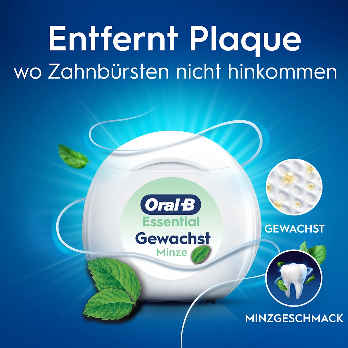 Oral-B Essential Zahnseide Verpackung, die den Hinweis "Entfernt Plaque an Stellen, die eine Zahnbürste nicht erreicht" hervorhebt.