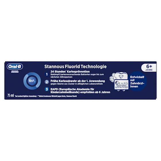 Oral-B Junior Stannous Fluorid Zahnpasta mit Disney Stitch, bietet 24 Stunden Kariesprävention und stärkt den Zahnschmelz.