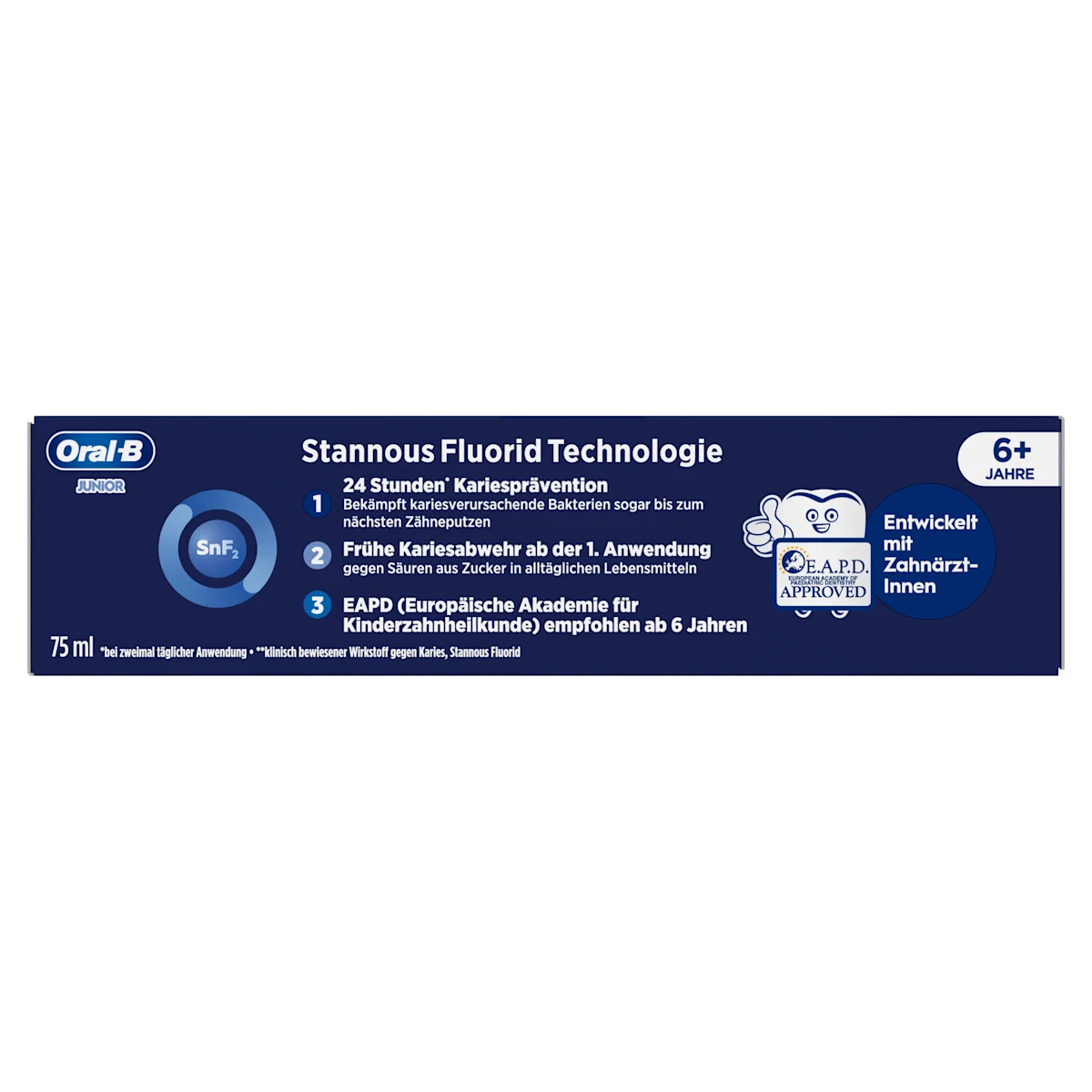 Oral-B Junior Stannous Fluorid Zahnpasta mit Disney Stitch, bietet 24 Stunden Kariesprävention und stärkt den Zahnschmelz.