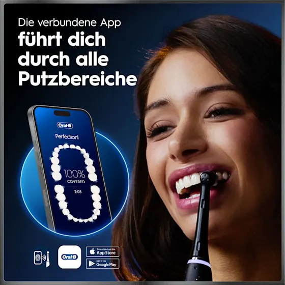 Oral-B iO 10 Ultimate Zahnbürste, mit Verpackung, Lade-Reise-Etui und dem Hinweis Oral-B's beste Zahnbürste.