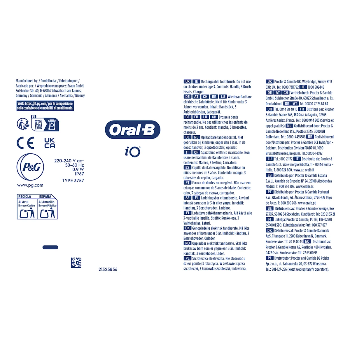 Oral-B iO3 Zahnbürste mit Verpackung, die die 360° visuelle Andruckkontrolle zum Schutz des Zahnfleisches hervorhebt.