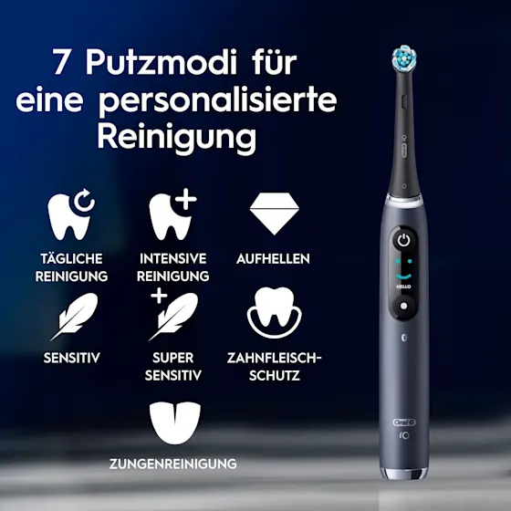 Oral-B iO9 Zahnbürste mit Verpackung, Reise-Etui mit Schnellladestation und „Made in Germany“ Anhänger.