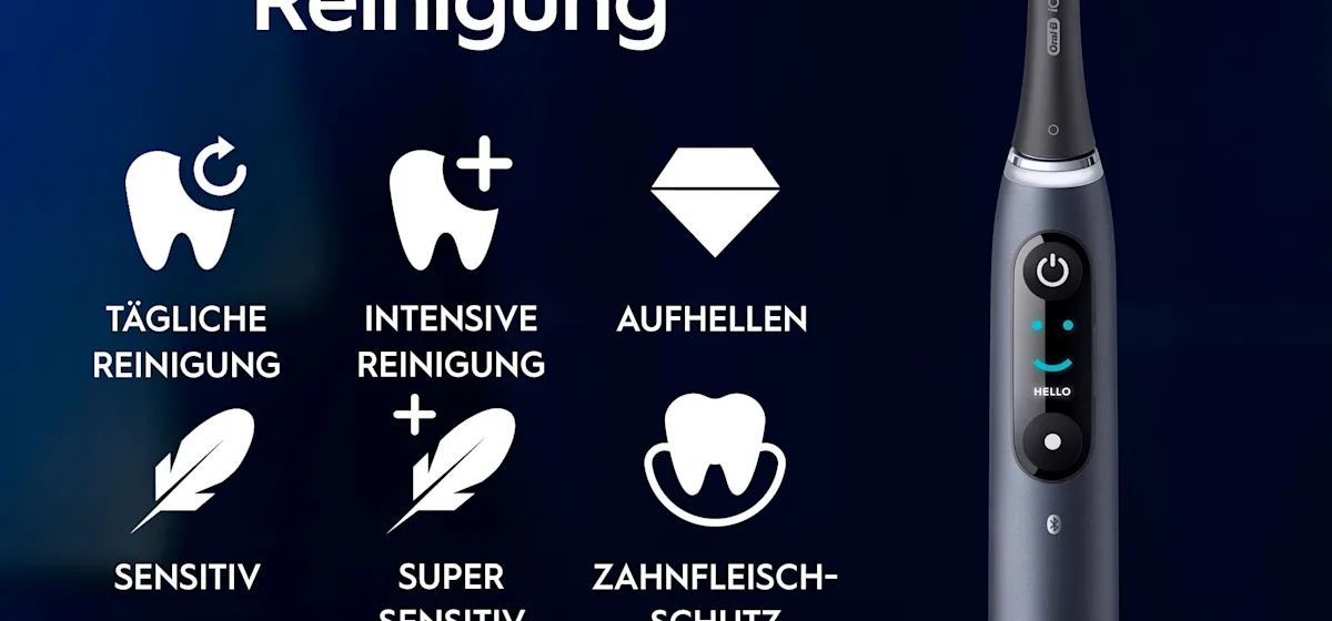 Oral-B iO9 Zahnbürste mit Verpackung, Reise-Etui mit Schnellladestation und „Made in Germany“ Anhänger.