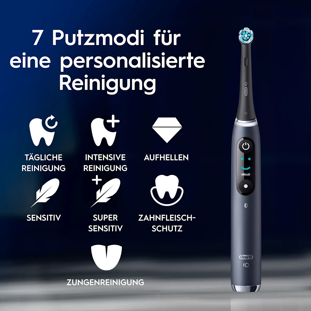 Oral-B iO9 Zahnbürste mit Verpackung, Reise-Etui mit Schnellladestation und „Made in Germany“ Anhänger.