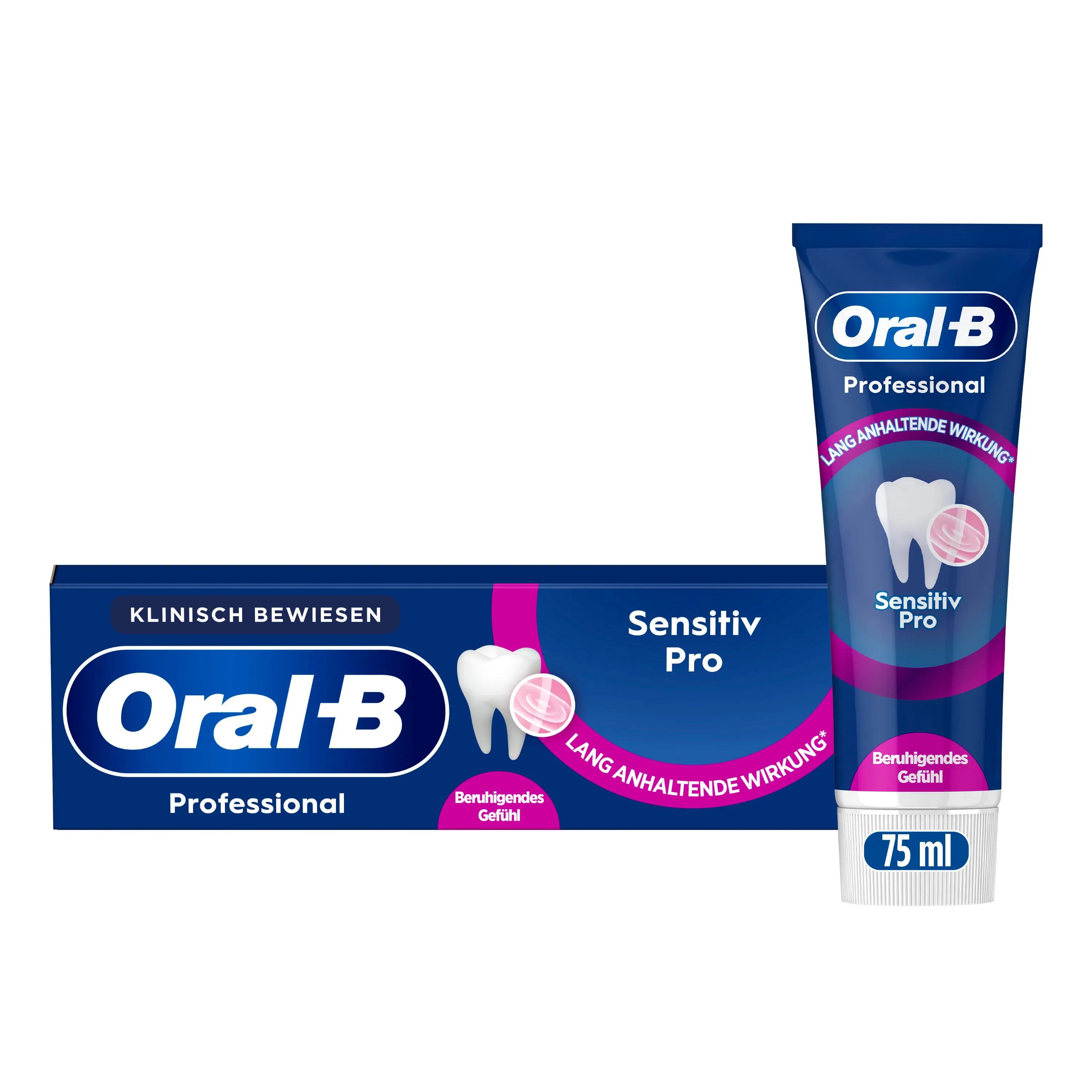 Oral-B Professional Sensitiv Pro Zahnpasta, Verpackung mit dem Hinweis "klinisch bewiesen" und "lang anhaltende Wirkung".