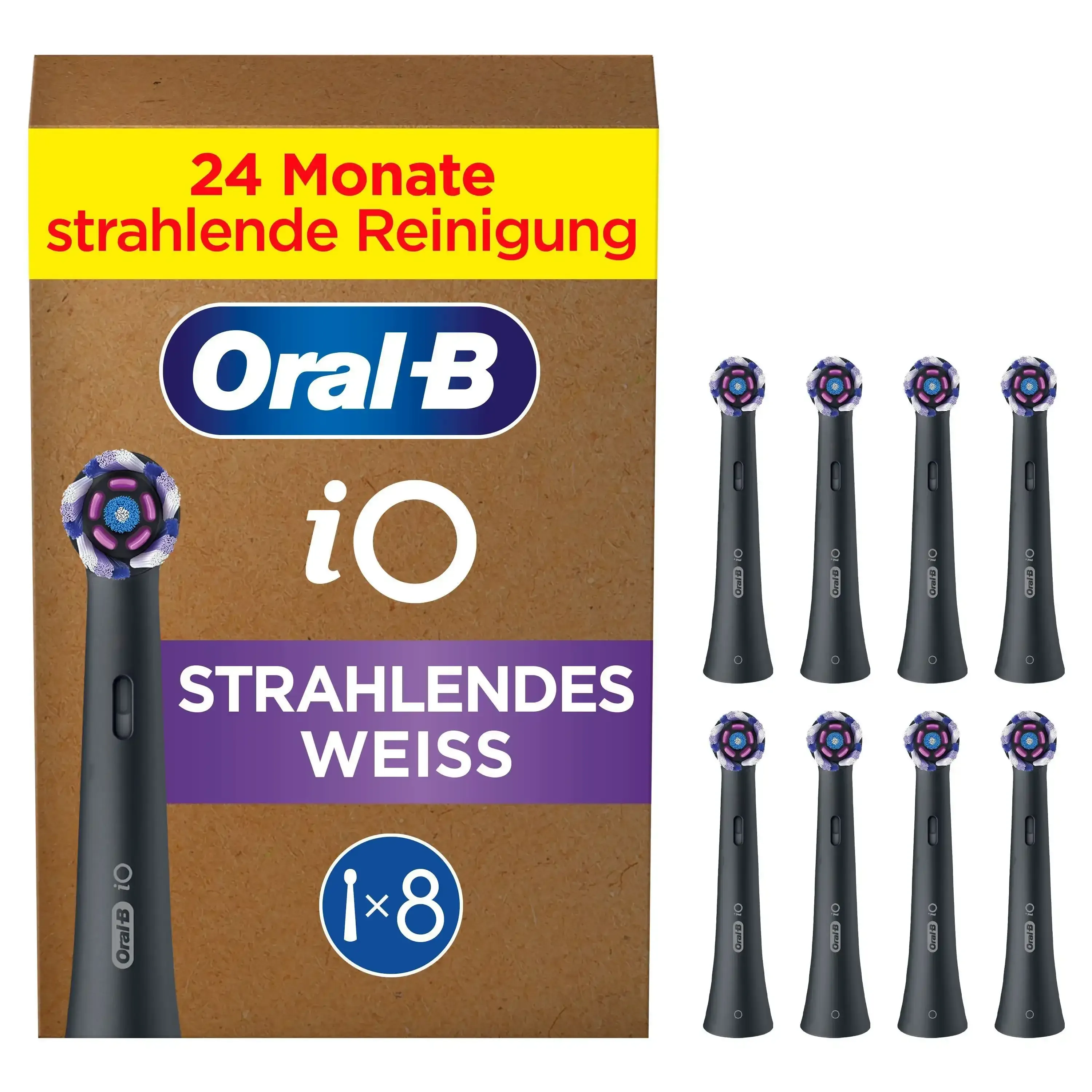 Oral-B iO Strahlendes Weiss, Original Aufsteckbürsten für elektrische Oral-B iO Zahnbürsten, Zahnaufhellung, Schwarz, 8 Stück