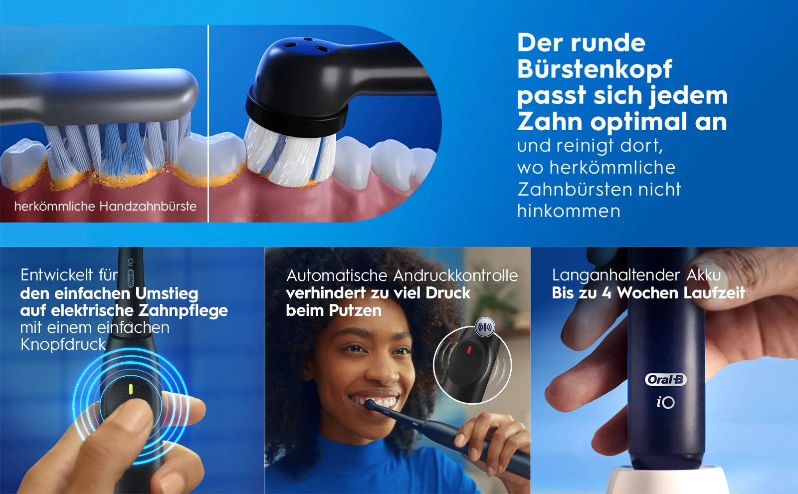 Elektrische Zahnbürste: runder Bürstenkopf, optimale Anpassung, Druckkontrolle und langer Akku. 
