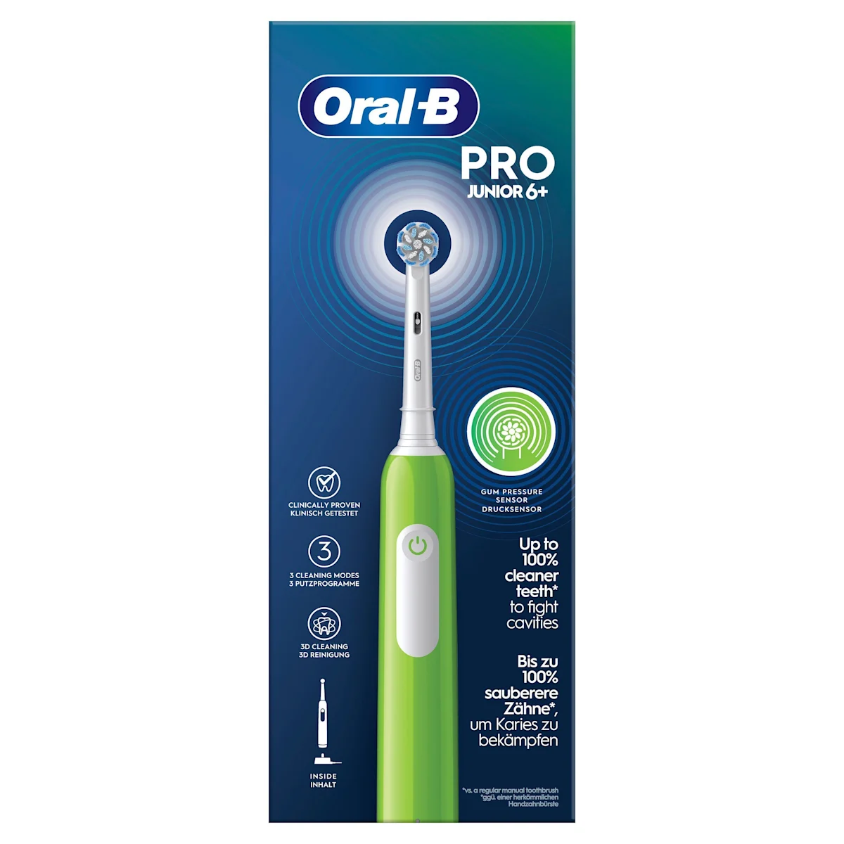 Oral-B PRO Junior 6+ elektrische Zahnbürste mit Verpackung, die 3D Reinigung hervorhebt.