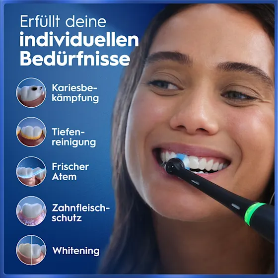 Oral-B iO5 Zahnbürste e mit Verpackung, die 5 Putzmodi fÃ¼r eine personalisierte Reinigung hervorhebt.