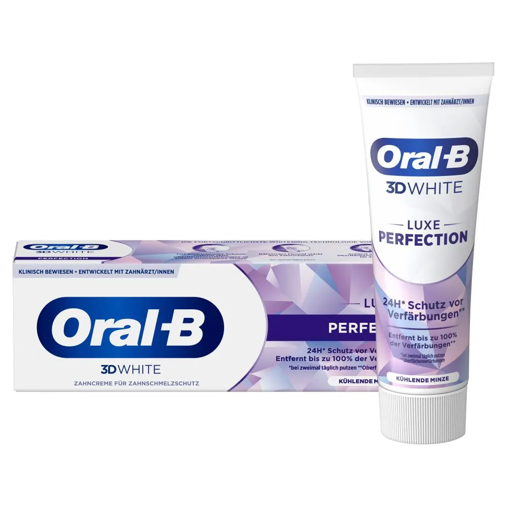 Oral-B 3D White Luxe Perfection Zahnpasta, Tube und Verpackung, mit dem Hinweis "Entfernt bis zu 100% der Verfärbungen".