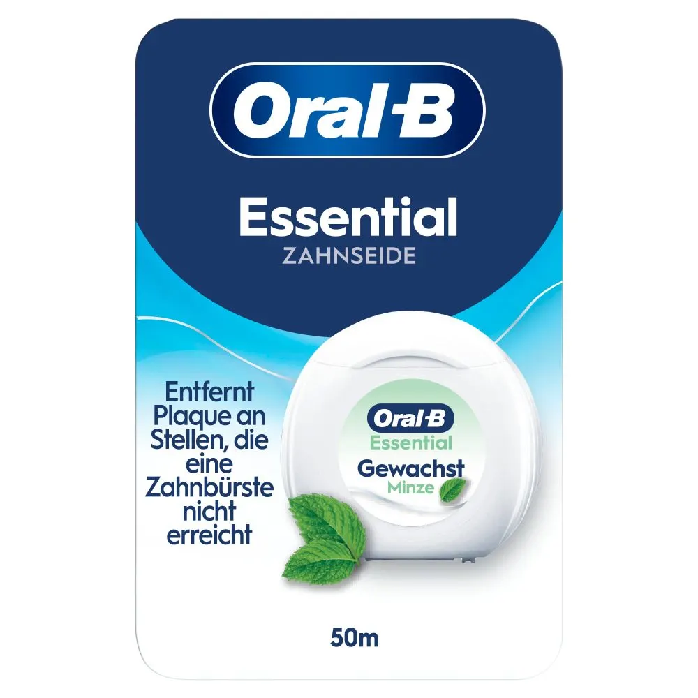 Oral-B Essential Zahnseide Verpackung, die den Hinweis "Entfernt Plaque an Stellen, die eine Zahnbürste nicht erreicht" hervorhebt.