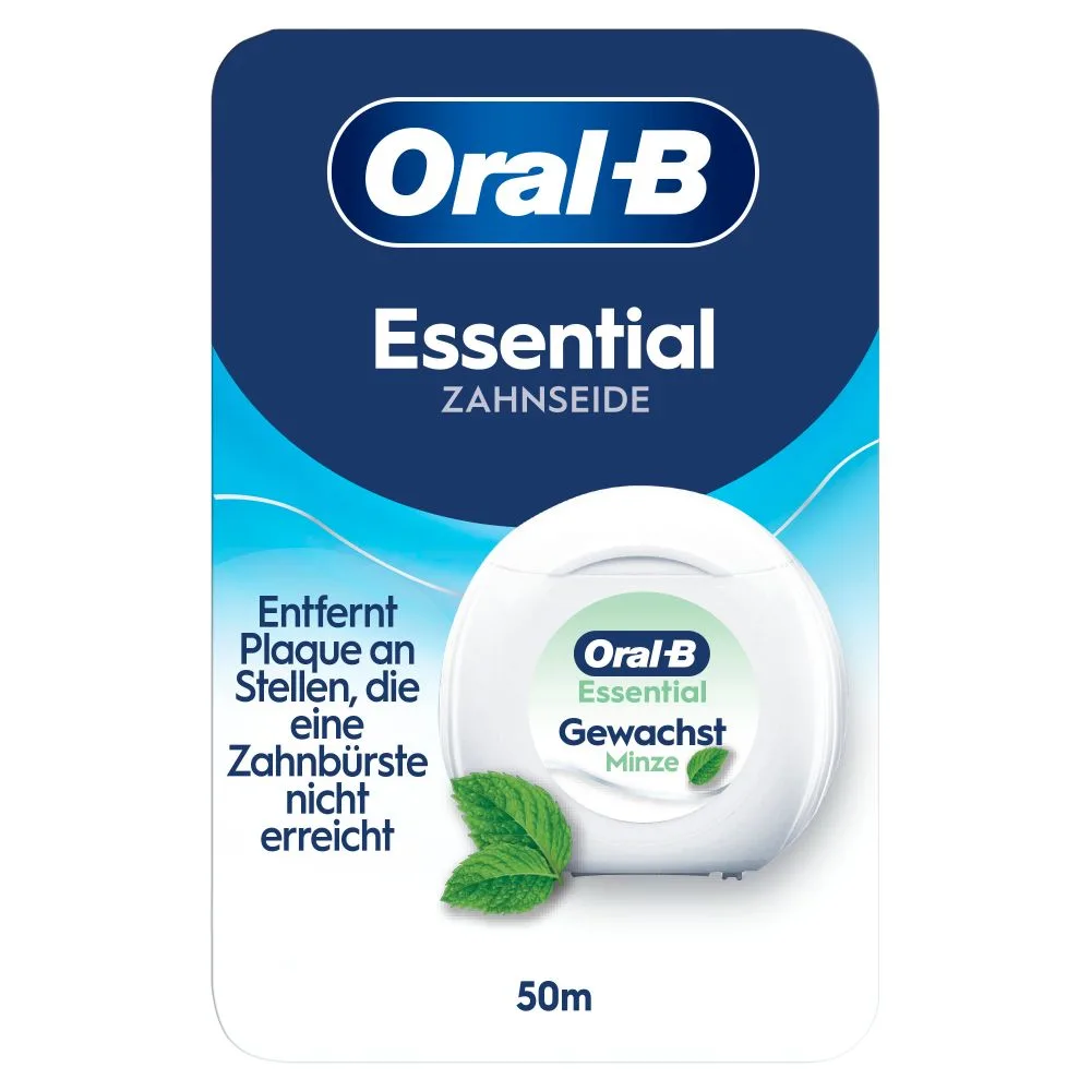 Oral-B Essential Zahnseide Verpackung, die den Hinweis "Entfernt Plaque an Stellen, die eine Zahnbürste nicht erreicht" hervorhebt.