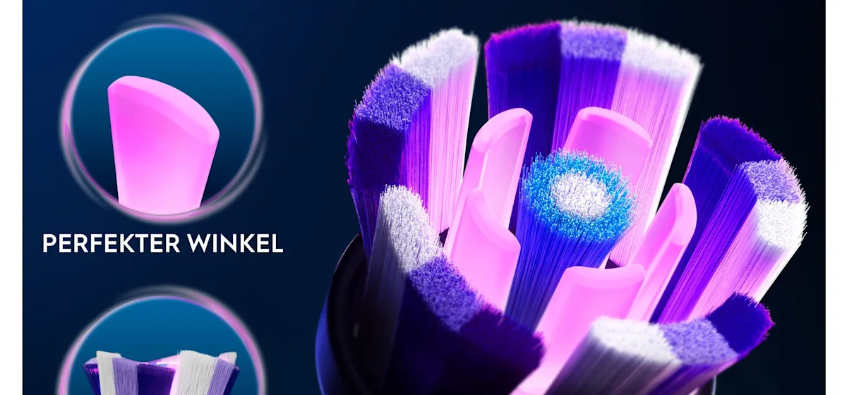 Oral-B iO Aufsteckbürsten-Verpackung, die "Strahlendes Weiss" und 4 Bürstenköpfe enthält, für 12 Monate sanfte Reinigung.