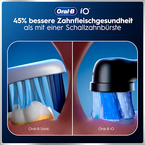 Oral-B iO6 elektrische Zahnbürste mit Verpackung, die geführte Reinigung mit der App hervorhebt, damit keine Stelle ausgelassen wird. Mit Made in Germany Anhänger.