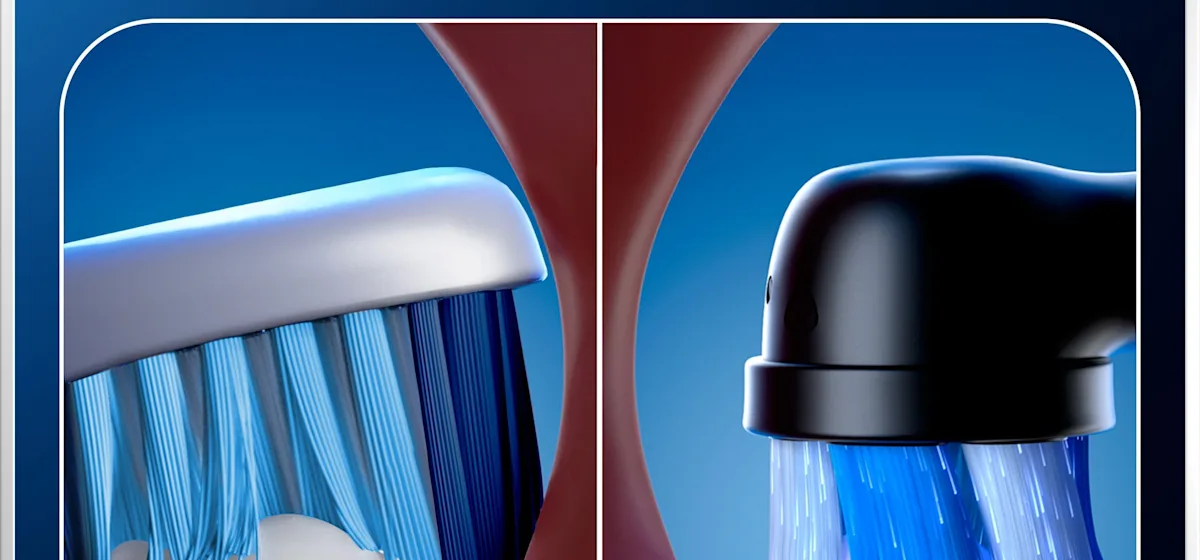 Oral-B iO6 elektrische Zahnbürste mit Verpackung, die geführte Reinigung mit der App hervorhebt, damit keine Stelle ausgelassen wird. Mit Made in Germany Anhänger.