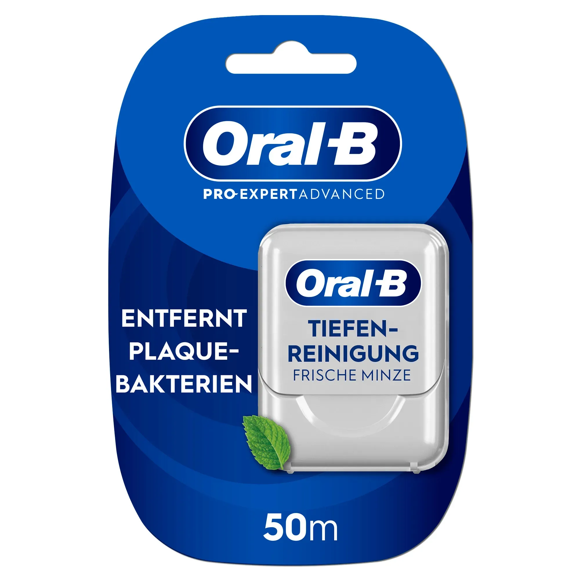 Oral-B Pro-Expert Advanced Zahnseide, Verpackung mit dem Hinweis "Entfernt Plaque-Bakterien" und "Tiefen-Reinigung Frische Minze".