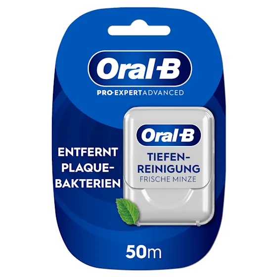 Oral-B Pro-Expert Advanced Zahnseide, Verpackung mit dem Hinweis "Entfernt Plaque-Bakterien" und "Tiefen-Reinigung Frische Minze".