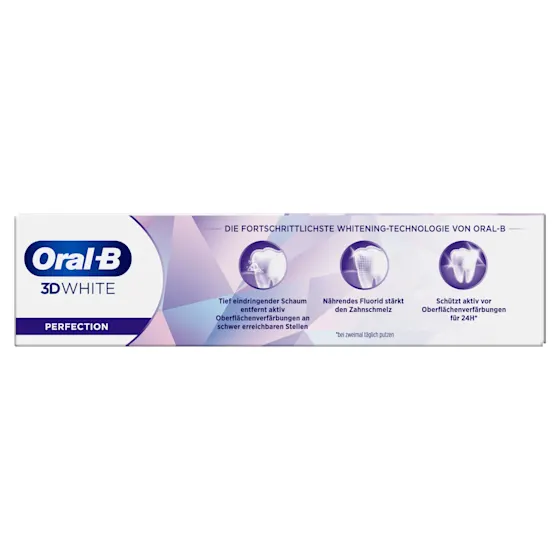 Oral-B 3D White Luxe Perfection Zahnpasta, Tube und Verpackung, mit dem Hinweis "Entfernt bis zu 100% der Verfärbungen".