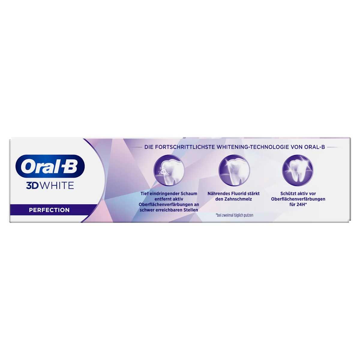 Oral-B 3D White Luxe Perfection Zahnpasta, Tube und Verpackung, mit dem Hinweis "Entfernt bis zu 100% der Verfärbungen".