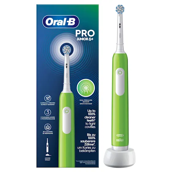 Oral-B PRO Junior 6+ elektrische ZahnbÃ¼rste mit Verpackung, die 3D Reinigung hervorhebt.