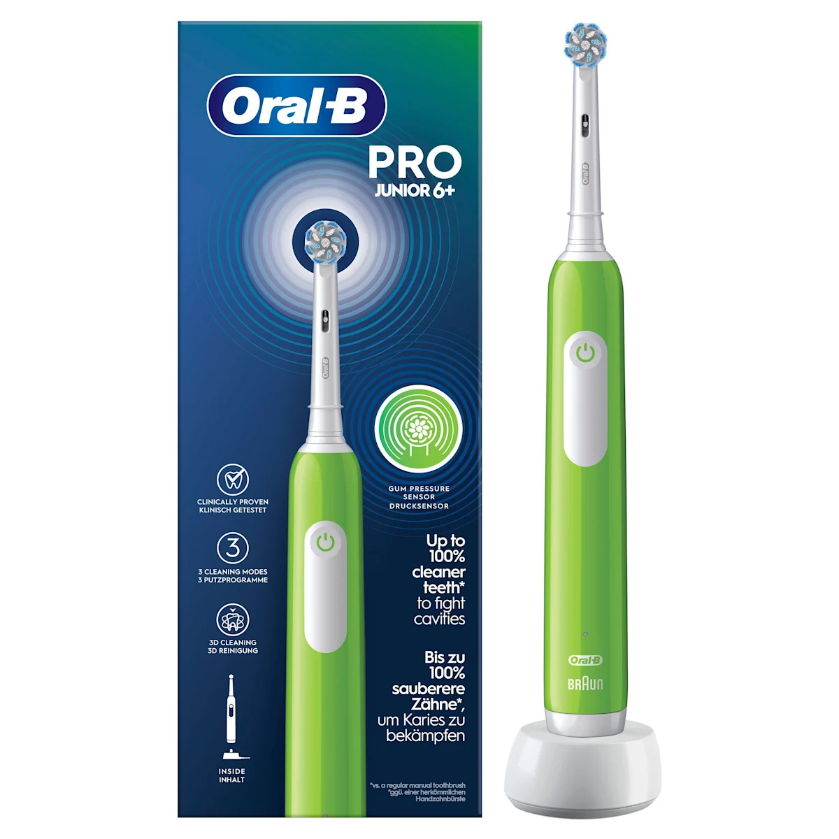 Oral-B PRO Junior 6+ elektrische Zahnbürste mit Verpackung, die 3D Reinigung hervorhebt.