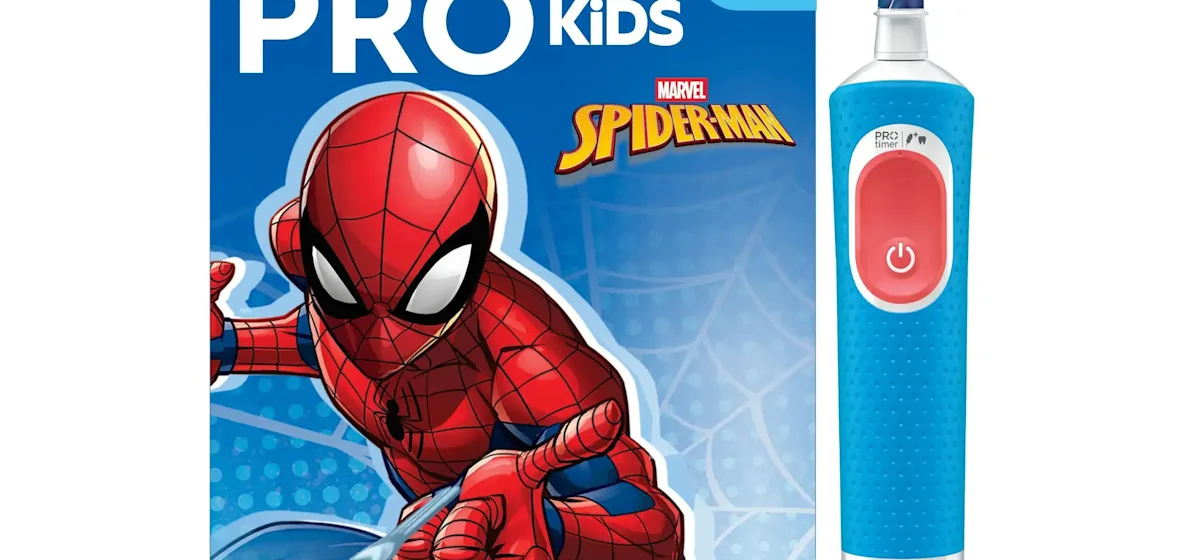 Oral-B PRO Kids elektrische Zahnbürste mit Marvel Spider-Man Design und Verpackung, für Kinder ab 3 Jahren.