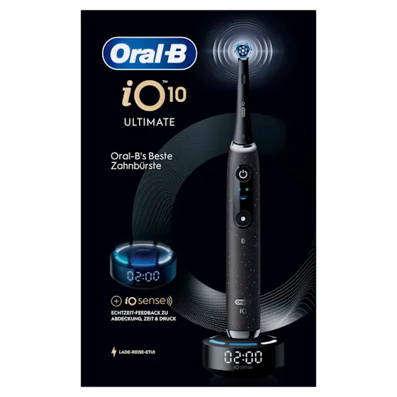 Oral-B iO 10 Ultimate Zahnbürste, mit Verpackung, Lade-Reise-Etui und dem Hinweis Oral-B's beste Zahnbürste.