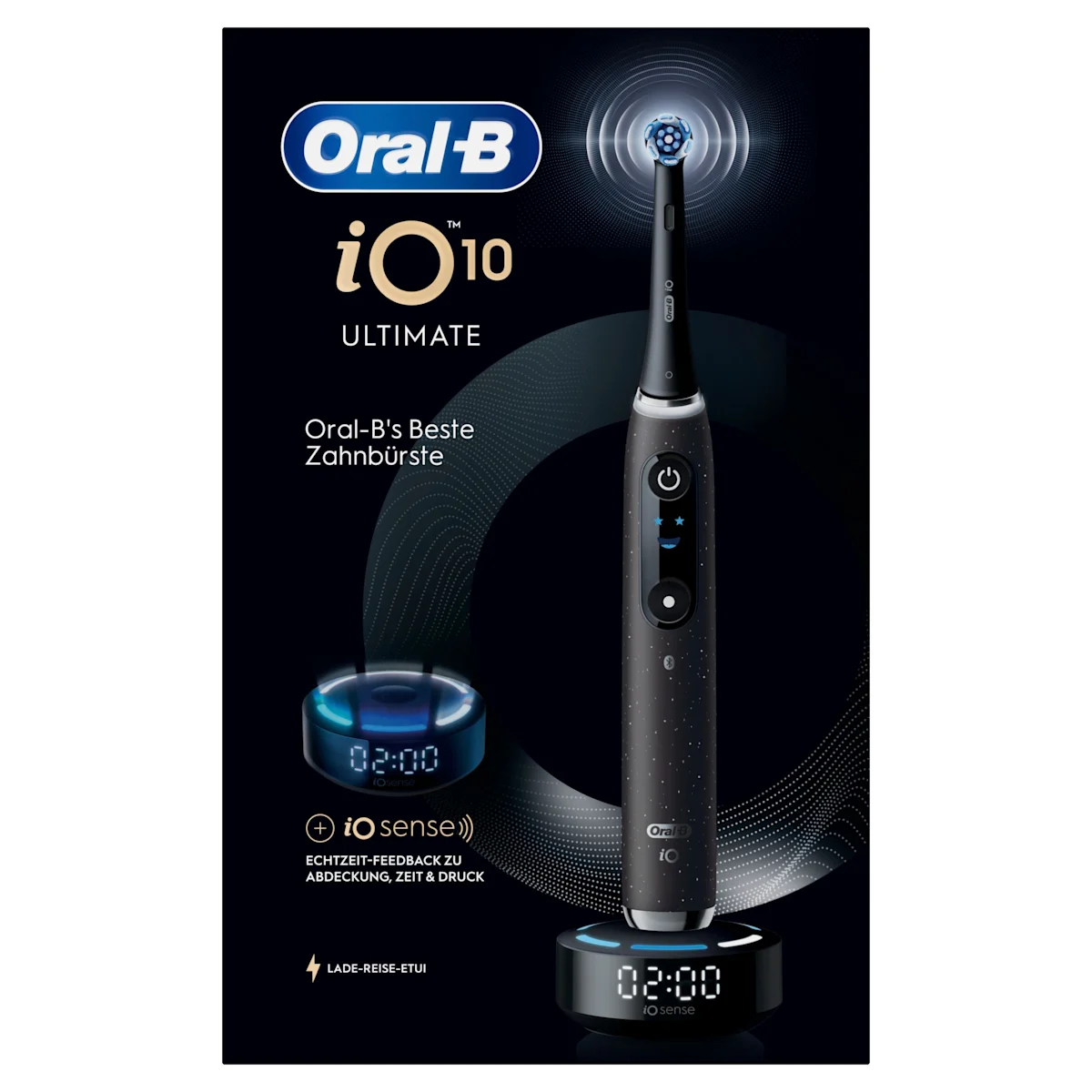 Oral-B iO 10 Ultimate Zahnbürste, mit Verpackung, Lade-Reise-Etui und dem Hinweis Oral-B's beste Zahnbürste.