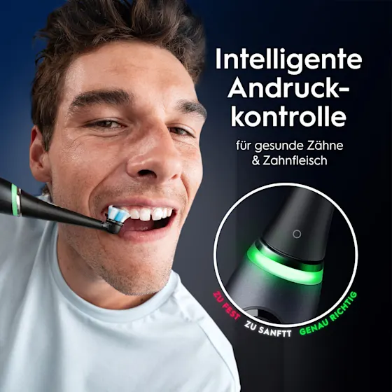 Oral-B iO9 Zahnbürste mit Verpackung, Reise-Etui mit Schnellladestation und „Made in Germany“ Anhänger.