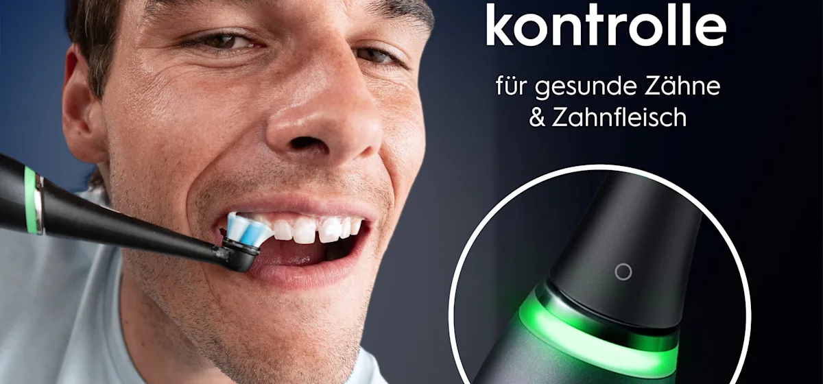 Oral-B iO9 Zahnbürste mit Verpackung, Reise-Etui mit Schnellladestation und „Made in Germany“ Anhänger.