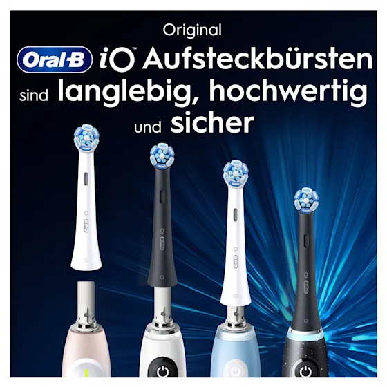 Oral-B iO Aufsteckbürsten, 8 Stück, mit Verpackung die "24 Monate gründliche Reinigung" hervorhebt.