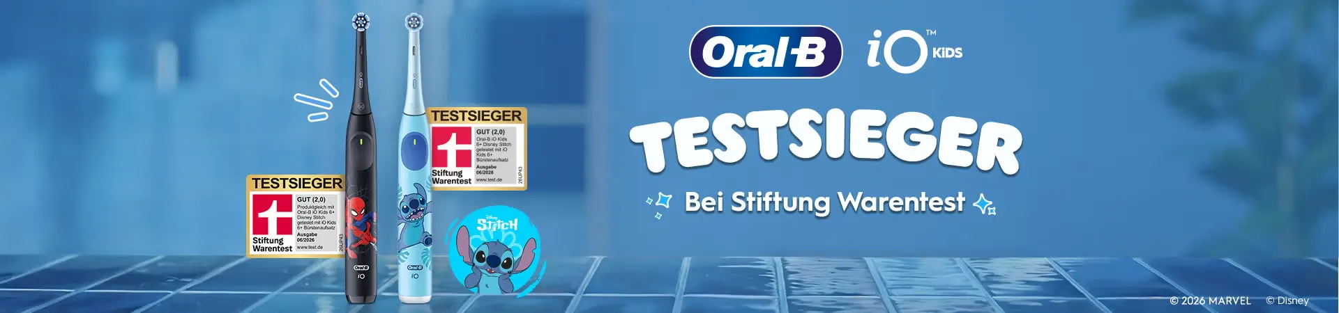 Oral-B iO Kids TESTSIEGER Bei Stiftung Warentest TESTSIEGER Stiftung Warentest GUT (2,0) Oral-B iO Kids Disney Mickey & Friends 03/2024 TESTSIEGER Stiftung Warentest GUT (2,0) Oral-B iO Kids Disney Stitch 03/2024 Disney Stitch © 2026 MARVEL © Disney