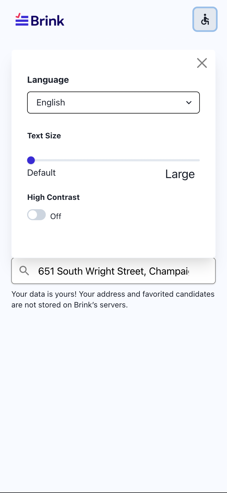 Brink Accessibility Options Mobile View