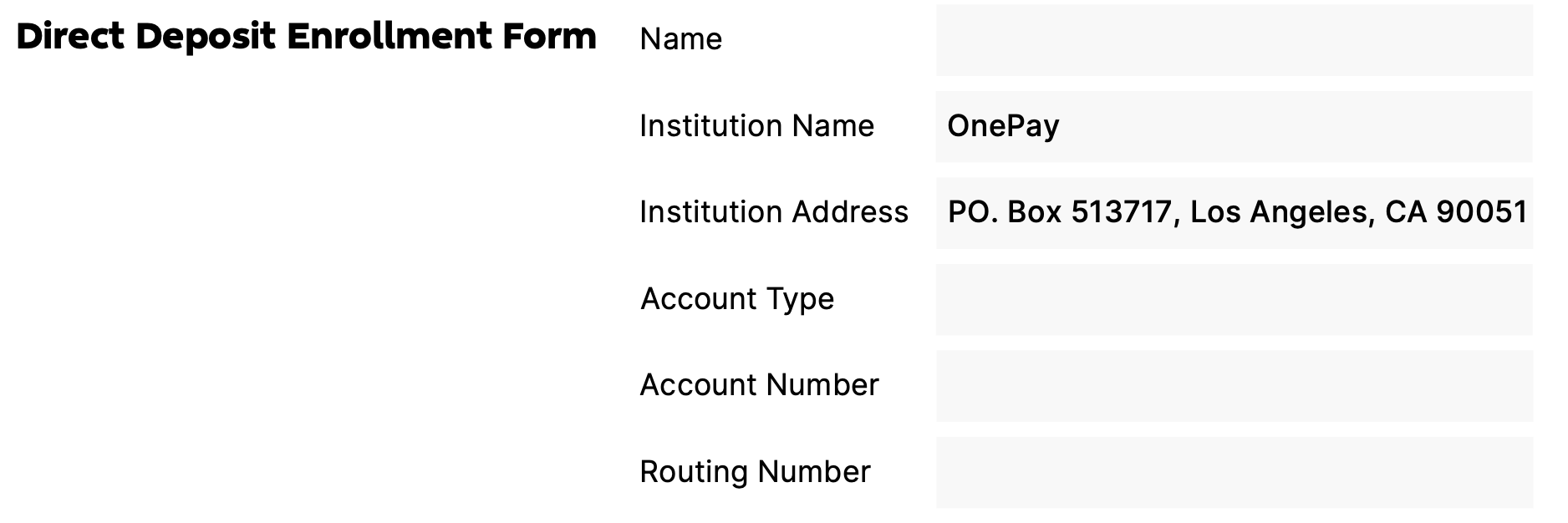 Direct Deposit Form Step 1 Screenshot