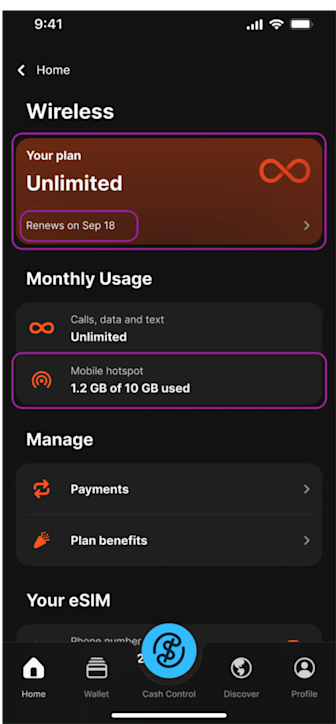 Wireless Home screen with customer's current hotspot wireless data usage.