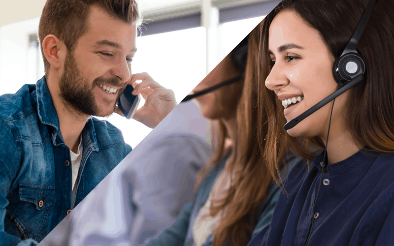 Happy customer on phone with happy call center agent