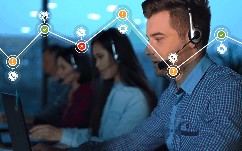 call center agents hard at work with overlay graphic indicating good call, neutral call, and bad call