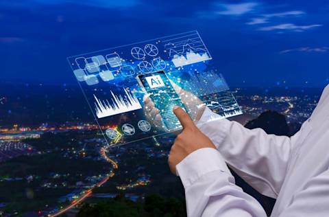 Future technology interface. Working with AI and businessmen use modern smart phone connect data to communicate around the world through the network