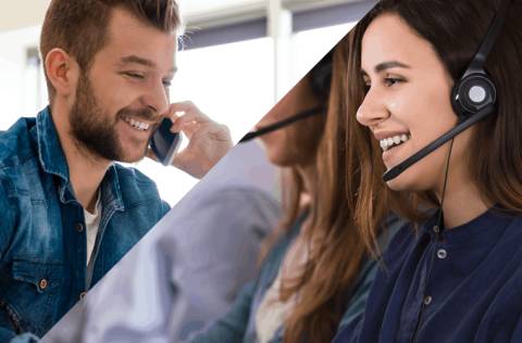 Happy customer talking to happy call center agent on the phone