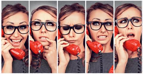 woman expressing different emotions while on phone