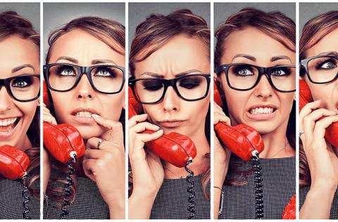 woman expressing different emotions while on phone