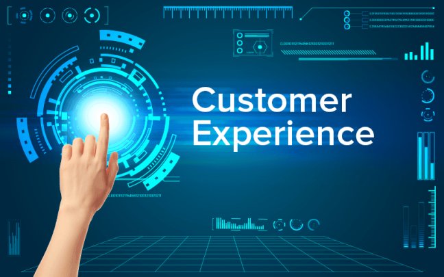 Finger pointing to a screen with the text "Customer Experience"