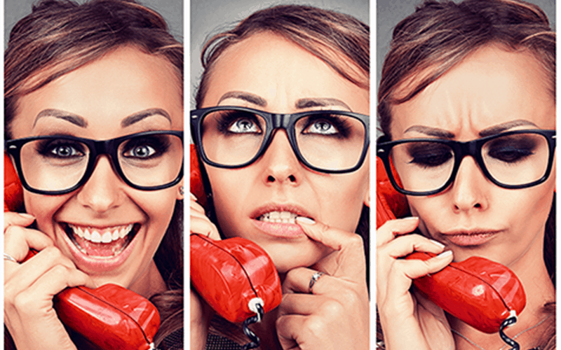 Woman on phone with customer service, happy, neutral, sad faces